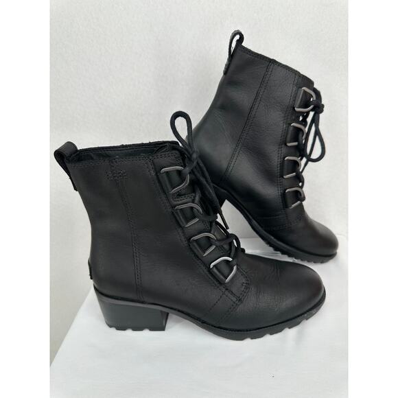 Sorel Cate Lace Up Black Bootie Waterproof Leather Boots 8.5 NL3385-010 - Picture 3 of 9